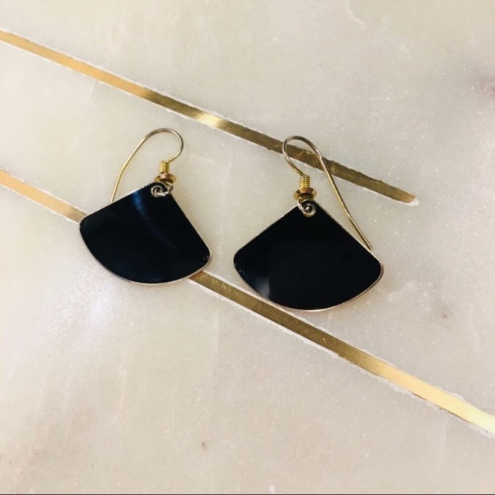 Black and Gold Fan Shape Enamel Earrings